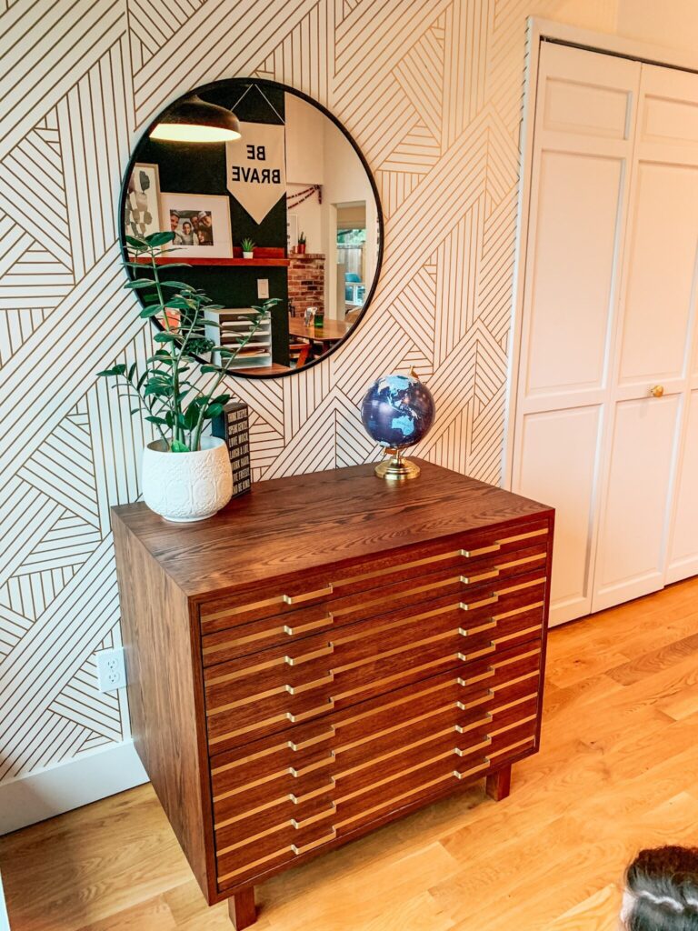 Brown cabinet with zz plant and a small globe on the top