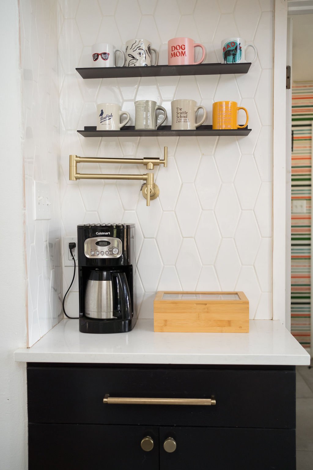 Integrated coffee station as part of a mid-century modern kitchen remodel.