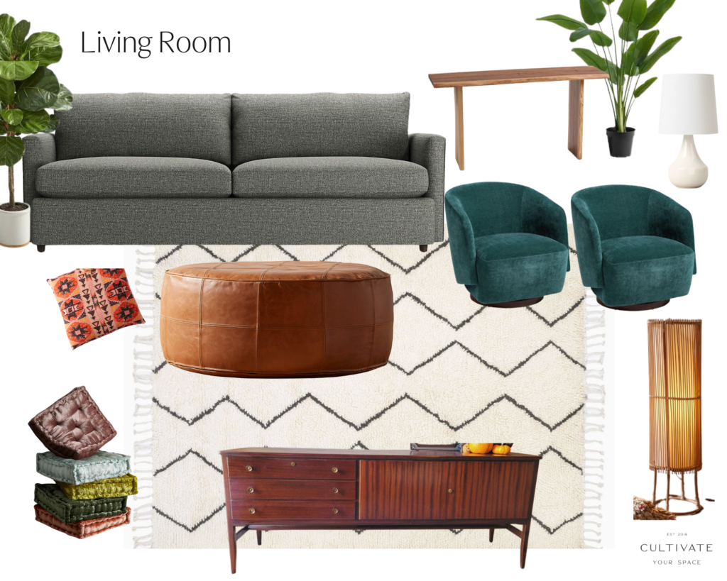 A mood board for a living room with a grey sofa, two green chairs, a brown lamp, brown side table and pillows